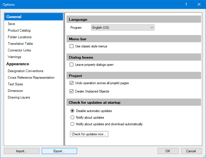 New options dialog